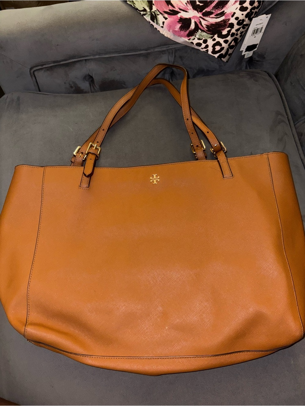 Tory Burch Cognac Leather Satchel Tote with Gold Logo